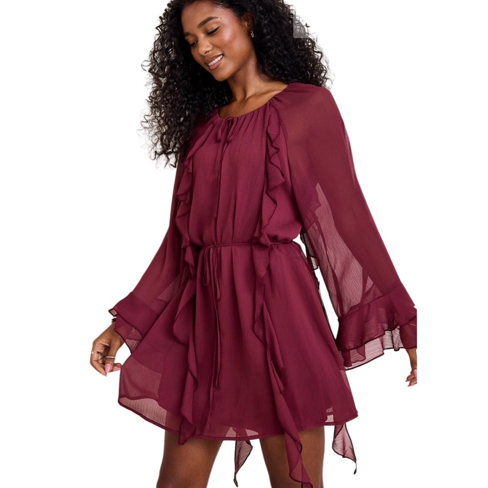 Francesca's Ruffle Mini Dress Women XS Burgundy NWT Chiffon Bell Sleeve